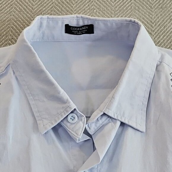 Coofandy Shirt Men's XXL Sky Blue Embroidered Cotton Short Sleeve Bowling EUC - Picture 4 of 12